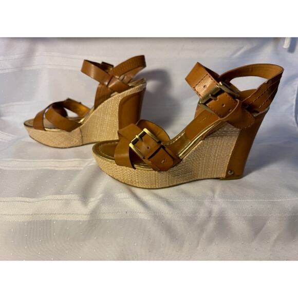 Audrey Brooke Tan Abhollie Wedge Sandals Women’s 7M Buckle Straps Espadrille - Picture 4 of 8